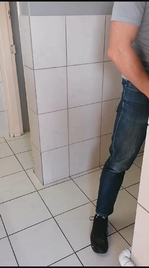 Public bathroom squirt video as promised. Sneaking in and helping him with his girthy