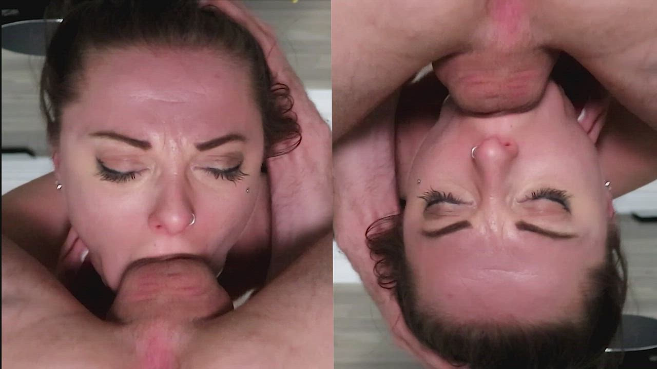 She gags on his cock as his cum explodes from her mouth