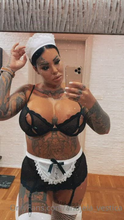 Big Tits Brunette Maid Nipple Piercing Solo Tattoo gif