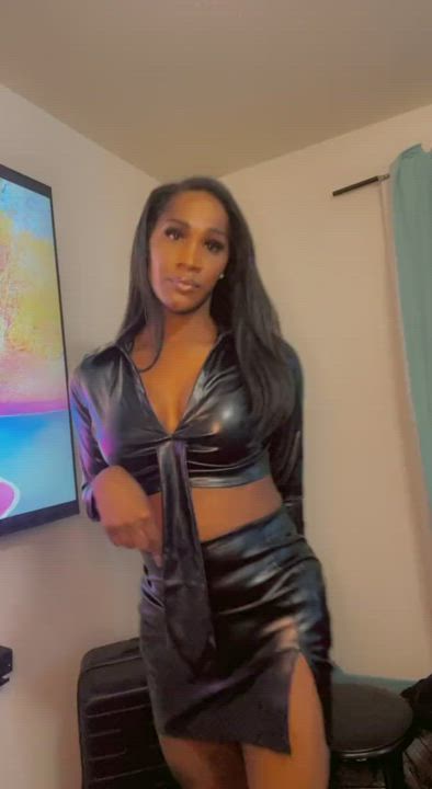 Clothed Cute Ebony Latex Mistress Skirt Trans gif