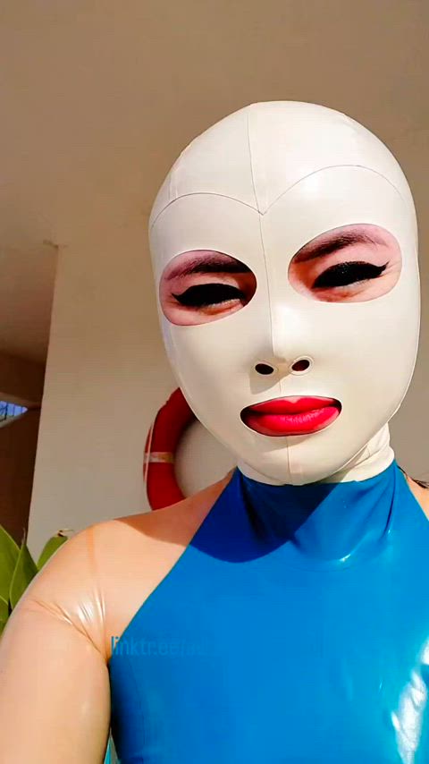 asian catsuit fetish latex long legs mask outdoor pink rubber swimsuit gif