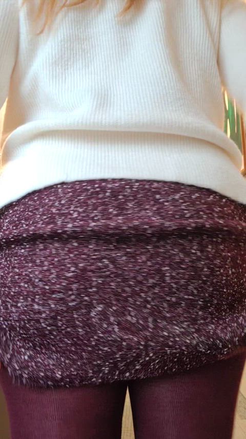 Cream and Maroon Miniskirt, pantyless with sweater tights...