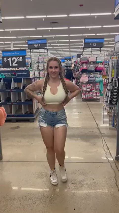 flashing grocery store jean shorts topless gif