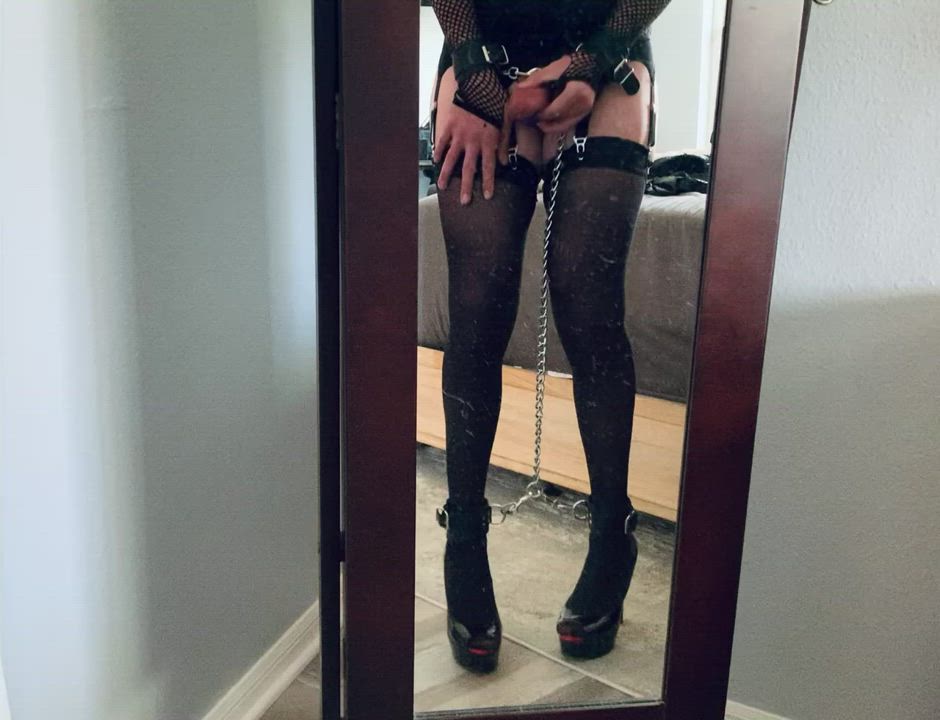bondage crossdressing cum cumshot heels lingerie mirror sissy stockings gif