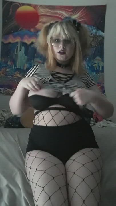 Big Tits Fishnet Glasses Goth Strip gif