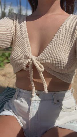 beach boobs braless brunette close up outdoor see through clothing selfie tits gif