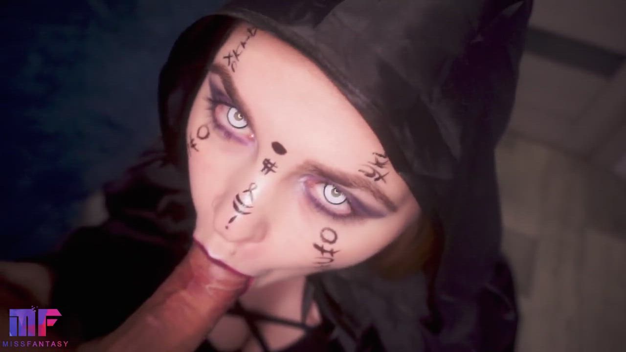 Amateur Blowjob Cumshot Eye Contact Facial Halloween POV gif