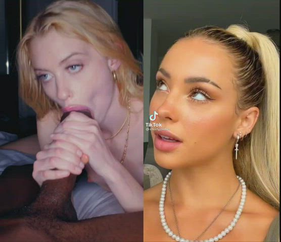 BBC BabeCock Blonde Blowjob Interracial Split Screen Porn TikTok White Girl gif
