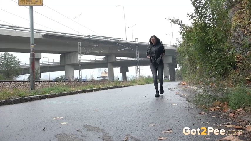 Raven haired hottie decides to pee near some busy roads & a railway