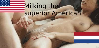 Dutch girl milking an American