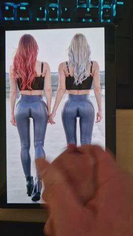 cock cumshot leather long hair tribute twins women gif