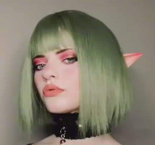 ahegao choker cosplay elf green eyes short hair gif