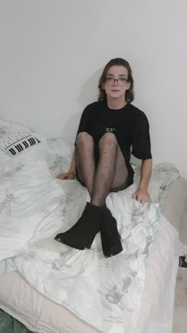 crossdressing femboy girl dick glasses nerd pantyhose sissy stockings trans gif