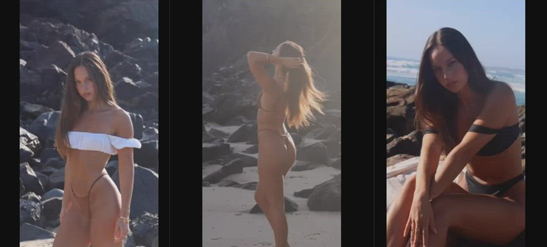 abs bikini brunette micro bikini non-nude split screen porn tanlines gif