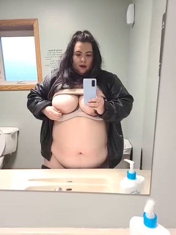 bbw big tits flashing public saggy tits work gif