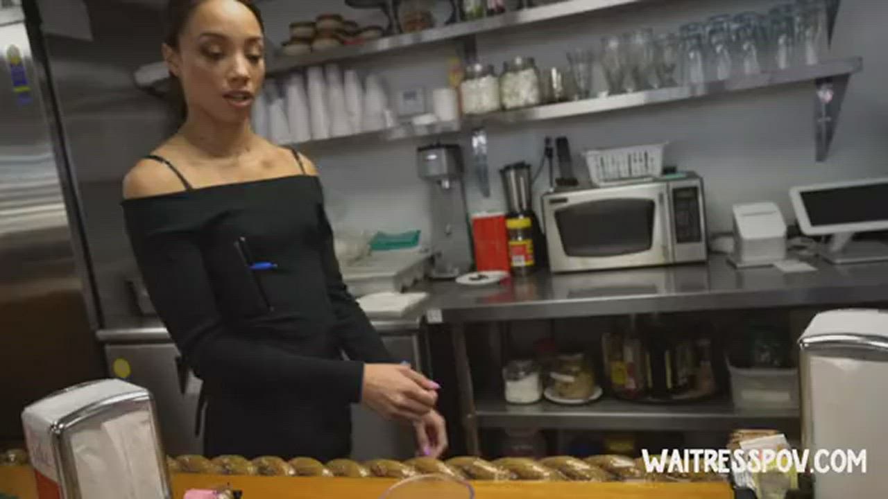 Skinny Ebony teen eraning extra cash being a waitress