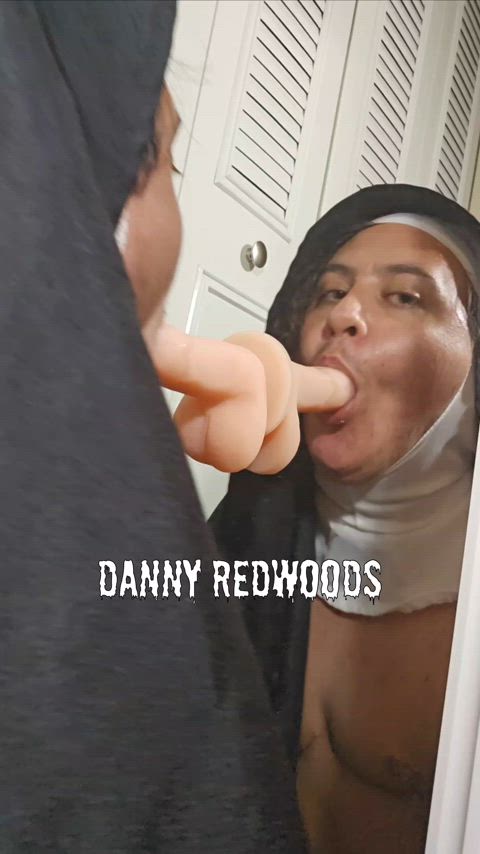 blowjob catholic dildo eye contact mirror nun sucking suction dildo trans boy trans