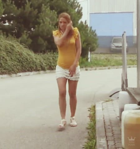 close up outdoor pee peeing piss pissing public pussy redhead gif
