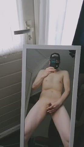 Would you like to join or watch me cum? Semi hard cum spray on mirror
