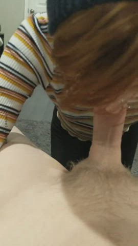 amateur blowjob clothed deepthroat glasses redhead short hair teen gif