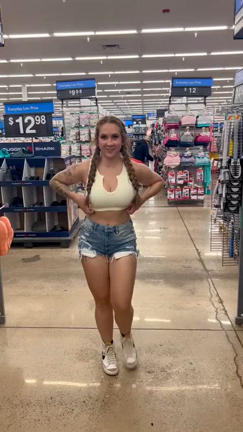 big tits flashing grocery store jean shorts gif