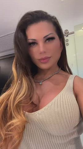 Brazilian Brunette Cleavage Fake Boobs Fake Tits Fitness Model gif
