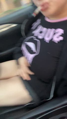 amateur big tits braless car femme horny milf short hair smoking teasing gif