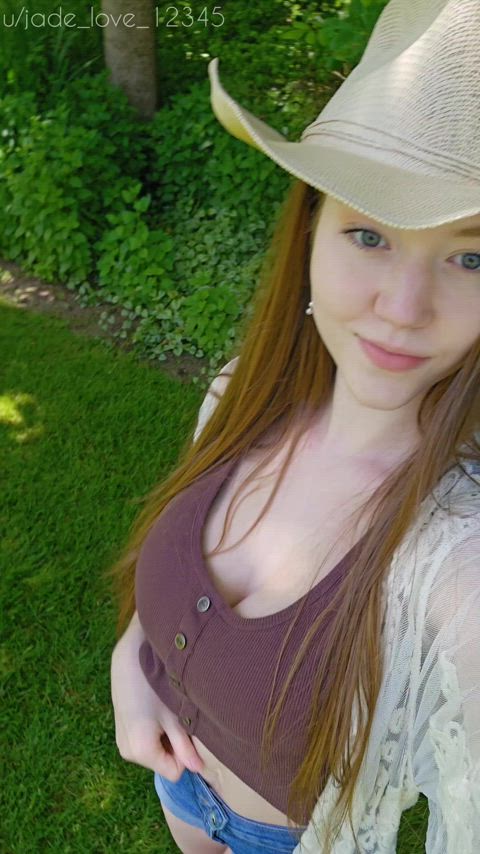 boobs bra cleavage cowgirl cute farm flashing outdoor public tits just-boobs gif