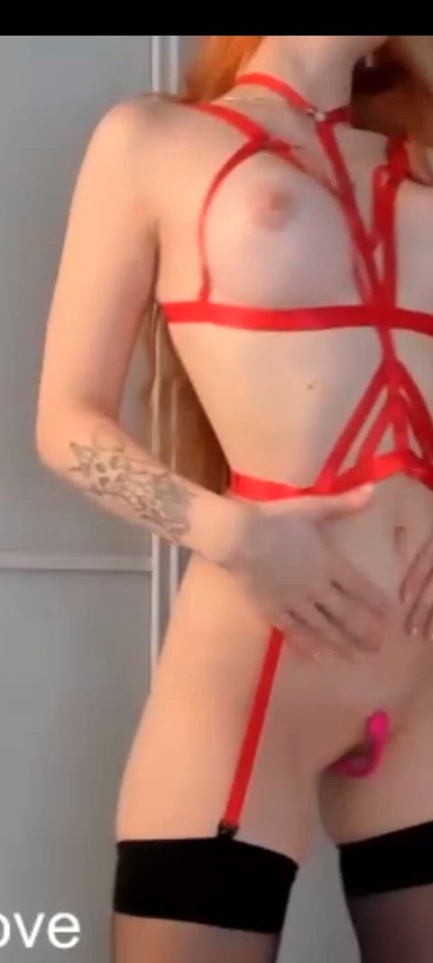 babe cute lingerie redhead stockings tattoo tattooed tease tits vertical gif