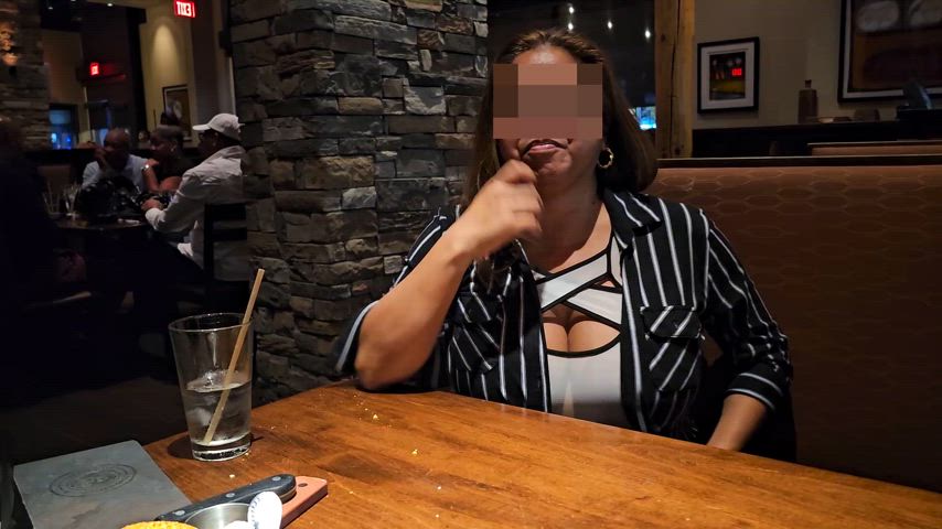 Teasing pub servers with my sheer bodysuit, BIG titties, and dark areolas