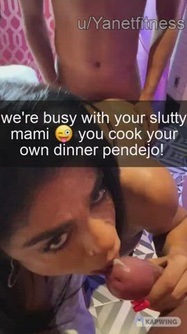 Caption Fantasy Mom Latina Spitroast Bed Sex Eye Contact Cumshot Cum In Mouth gif