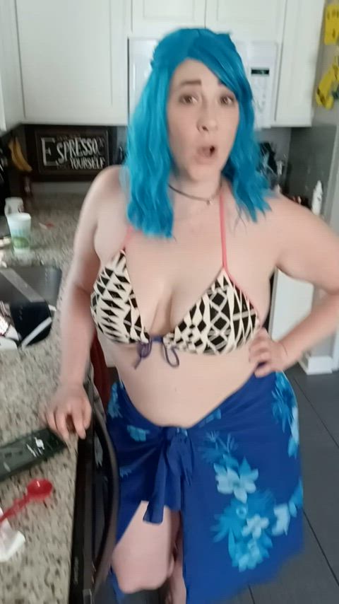 big tits bikini bisexual milf blue hair gif