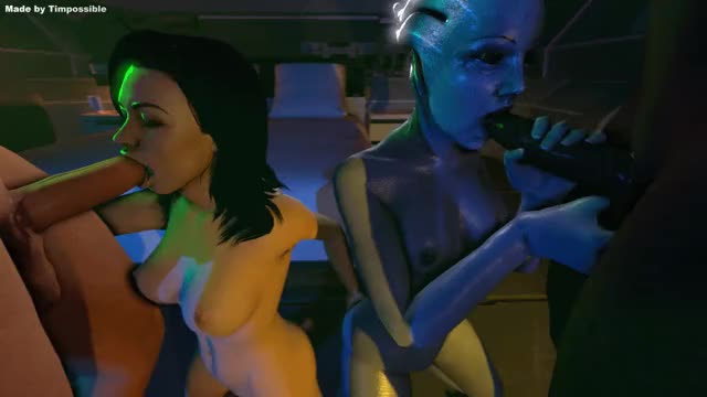 Miranda and Liara sucking cock side by side