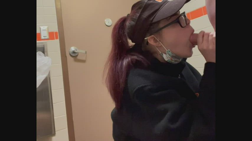 amateur bathroom blowjob camgirl exhibitionist glasses public sex sucking gif