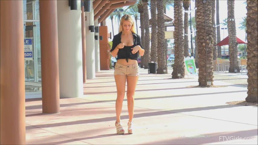 blonde camel toe fitness heels jean shorts outdoor gif