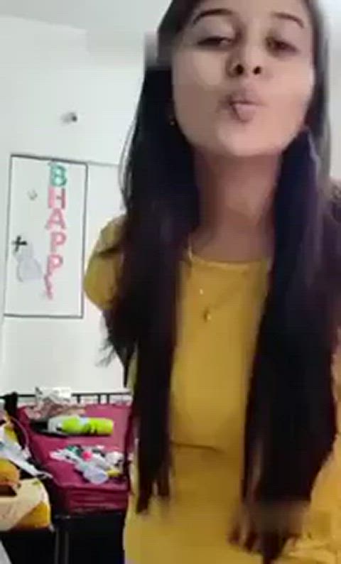 bra cute desi selfie smile striptease titty drop gif