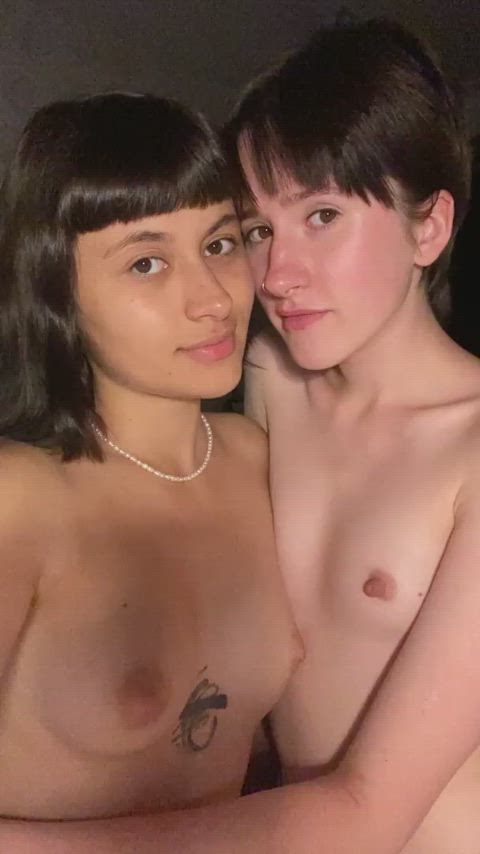 kissing lesbian natural tits short hair small tits tomboy gif