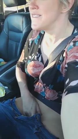 car sex clit rubbing cougar exhibitionist milf masturbating mom public wife gif