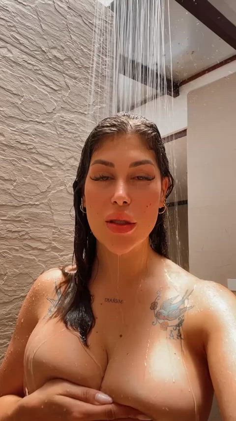 big tits boobs latina public sensual shower tattooed tongue underwater wet gif