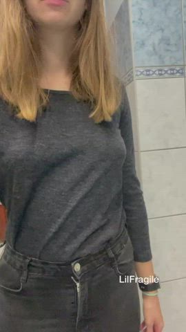 boobs braless jeans jiggling gif