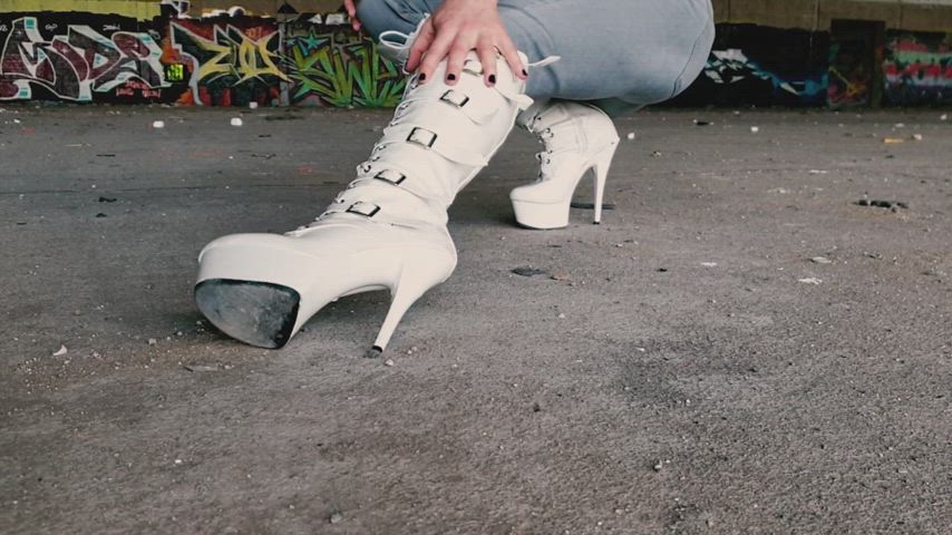 White PVC Buckle Boots and Jeans