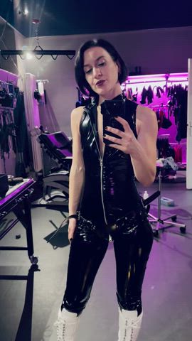 boots catsuit femdom mirror miss flora selfie gif