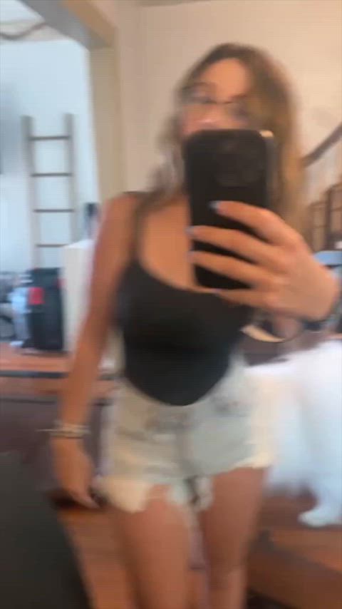 big tits busty glasses hourglass natural natural tits petite shorts stacked tank