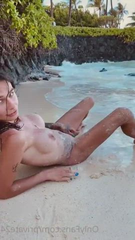 babecock beach girl dick masturbating tattoo tits trans trans woman gif