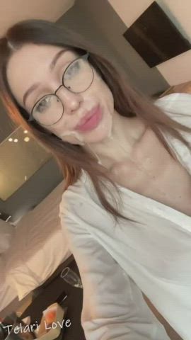 big tits brunette cum cum on tits cumshot cute facial glasses teen gif