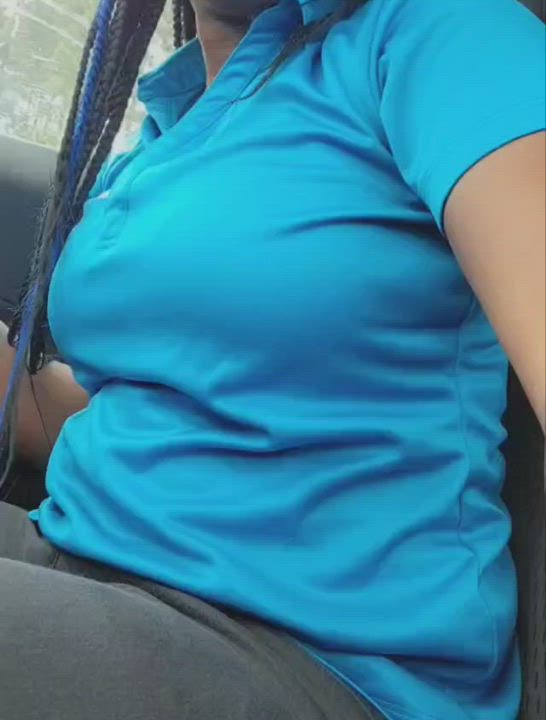 In the parking lot at work playing with my boobs ?? coworker almost caught me