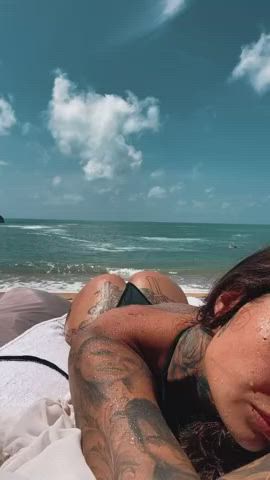 amateur ass babe beach booty camgirl selfie tattoo thong gif