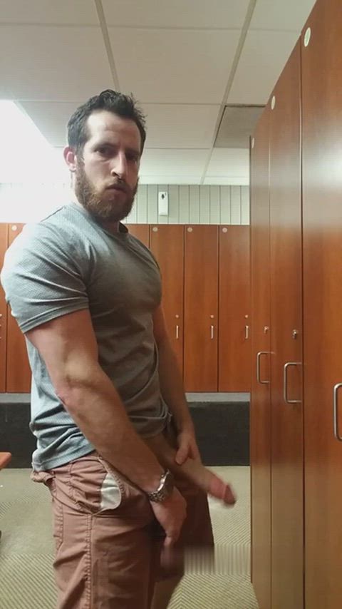 beard chest cum cumshot gym locker room male masturbation nipple play public shorts