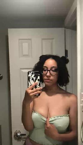 Big Tits Boobs Curly Hair Glasses Mirror Nipple Piercing Nipples Pierced r/DDlg gif