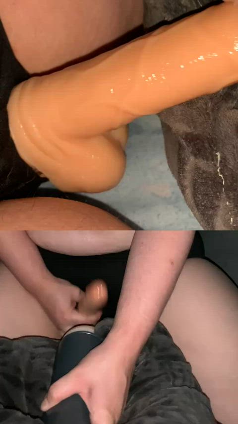 Split screen of me fucking my toy with a strap